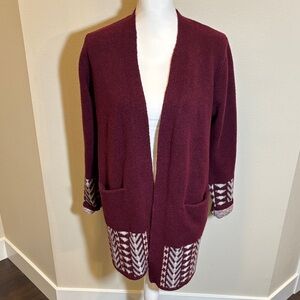 Frye Deep Burgundy Open-Front Cardigan with Patterned Hem